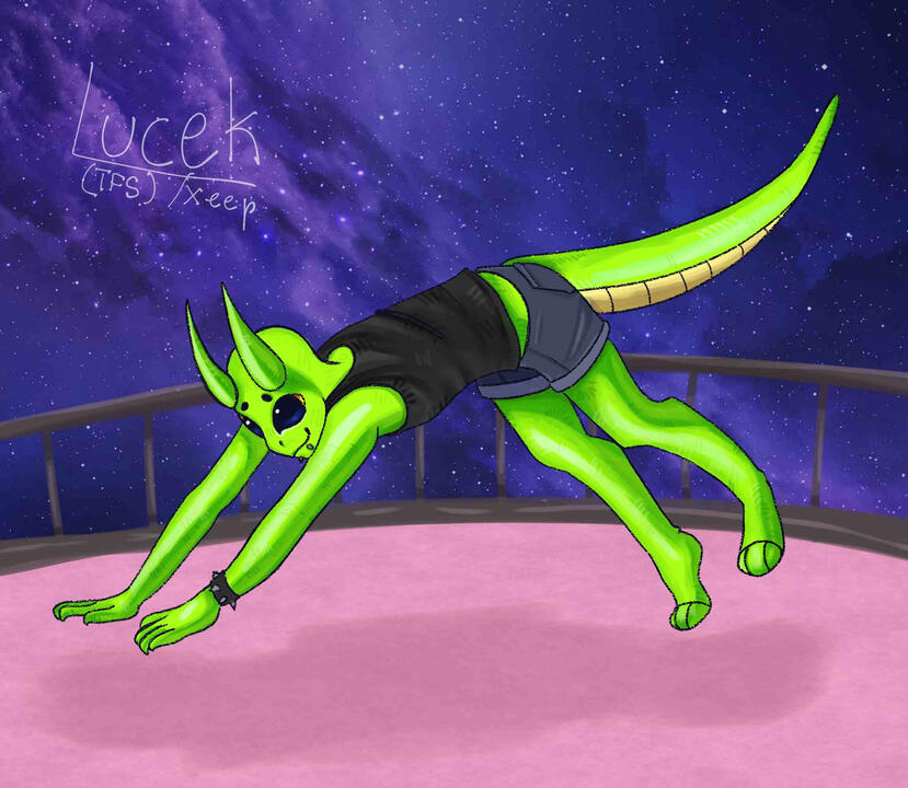 A green, joyful alien jumping on 4 limbs on a pink balcony. The background is a photo of space.