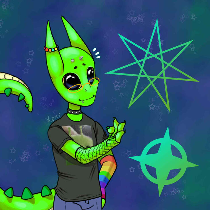 Another drawing of my alien-form A green alien standing next to the otherkin and transspecies symbol. The alien is wearing glasses, mittens, and a dark-grey T-shirt. Xe has horns and a tail. The background is space.